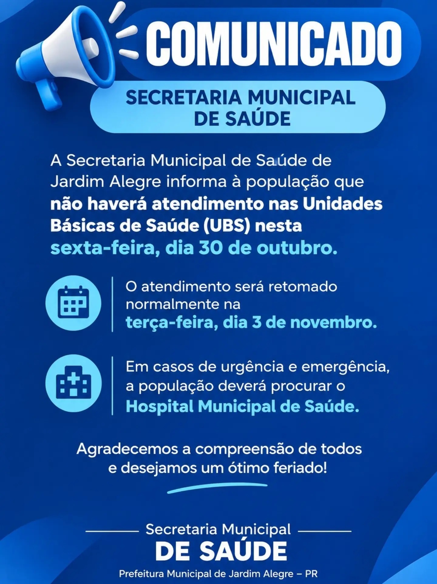 Comunicado da Secretaria Municipal de Saúde: UBS sem atendimento nesta sexta-feira (30)