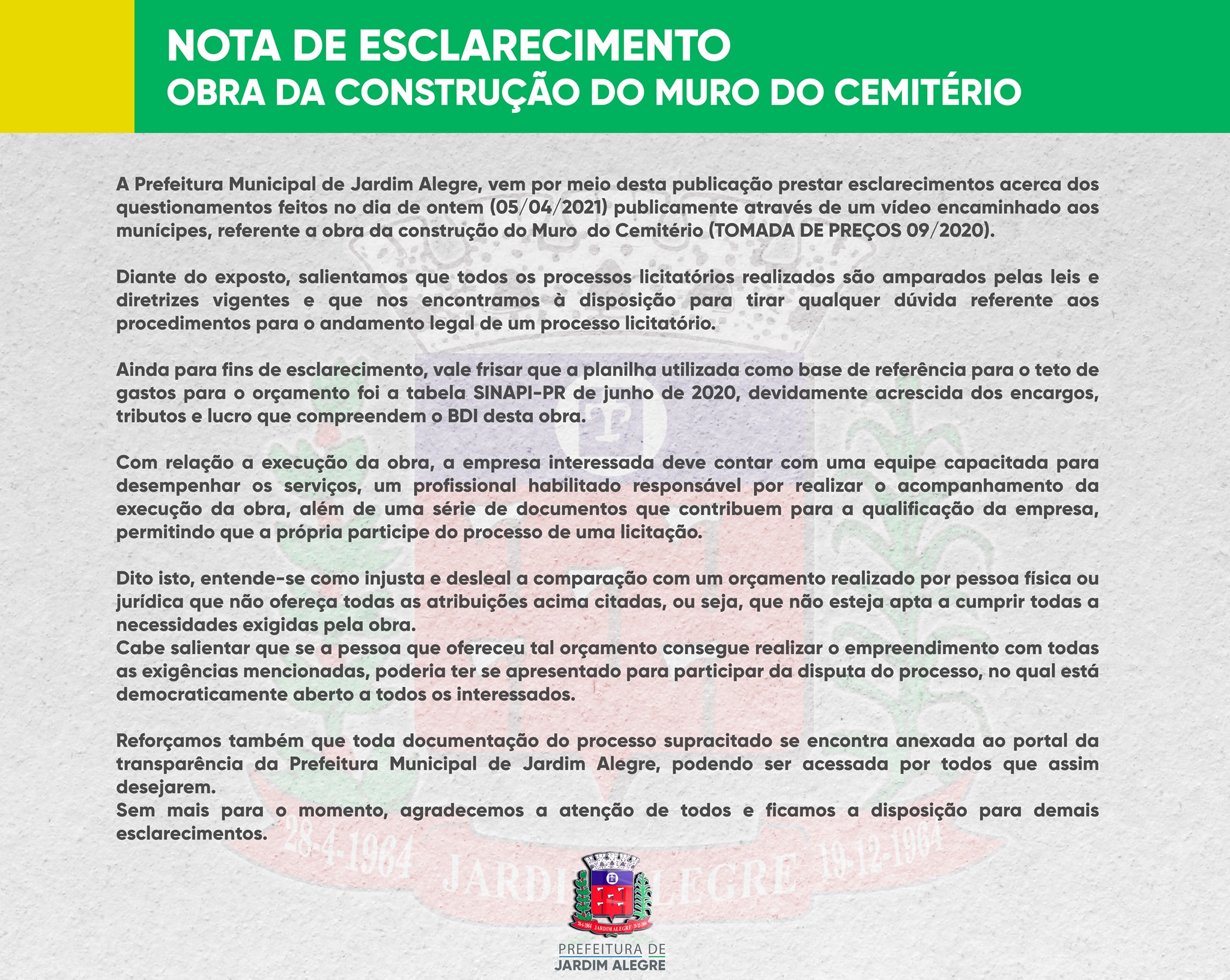 NOTA DE ESCLARECIMENTO OBRA DA CONSTRUÇÃO DO MURO DO CEMITÉRIO