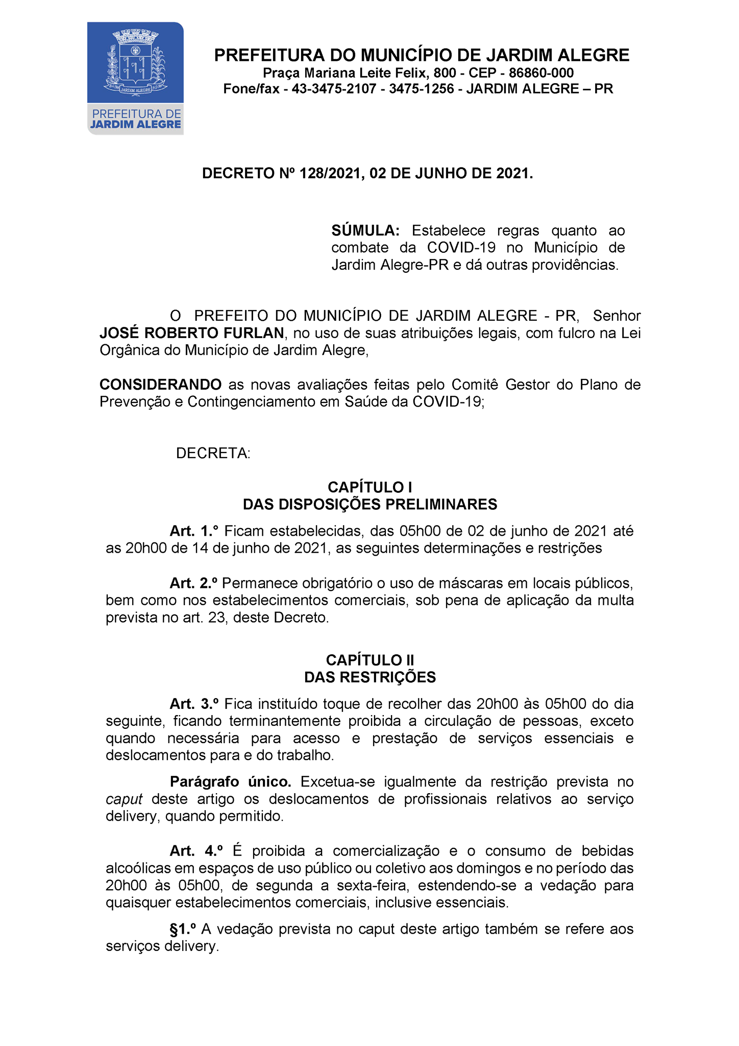DECRETO Nº 128/2021, 02 DE JUNHO DE 2021