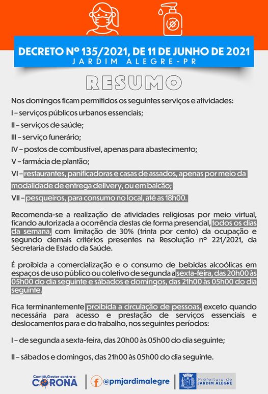 DECRETO Nº 135/2021, DE 11 DE JUNHO DE 2021 - RESUMO