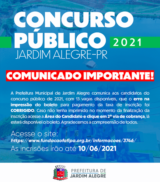 COMUNICADO IMPORTANTE | CONCURSO PÚBLICO JARDIM ALEGRE 2021