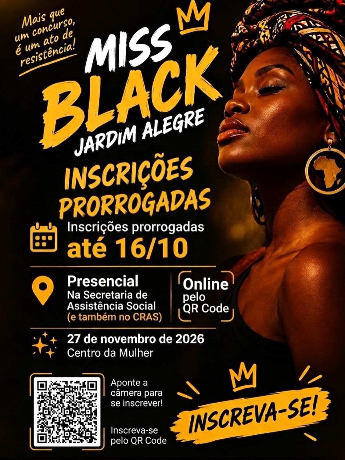 Miss Black Jardim Alegre: inscrições prorrogadas até 16 de outubro