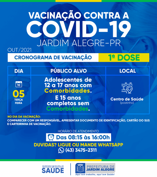 CALENDÁRIO DE VACINAÇÃO | COVID-19  12 A 17  ANOS COM COMORBIDADES E 15 ANOS COMPLETOS SEM COMORB