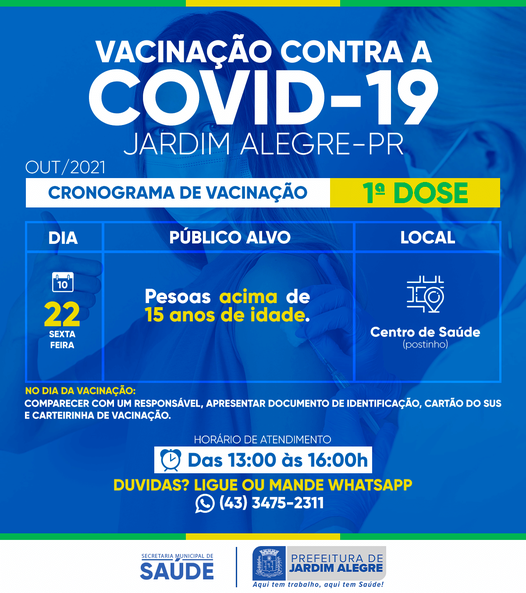 CALENDÁRIO DE VACINAÇÃO | COVID-19 A PARTIR DE 15 ANOS COMPLETOS E SEGUNDA DOSE.