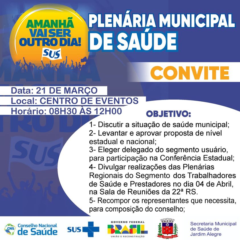 CONVITE PARA A PLENÁRIA MUNICIPAL DE SAÚDE.