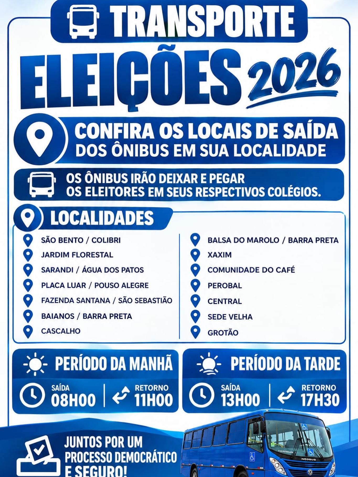 Transporte – Eleições 2026: confira os locais de saída dos ônibus