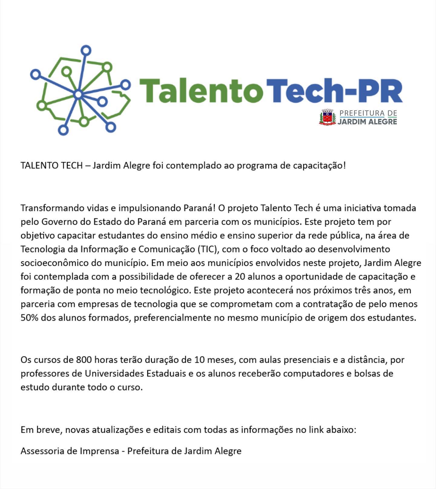 TALENTO TECH – Jardim Alegre foi contemplado ao programa de capacitação!