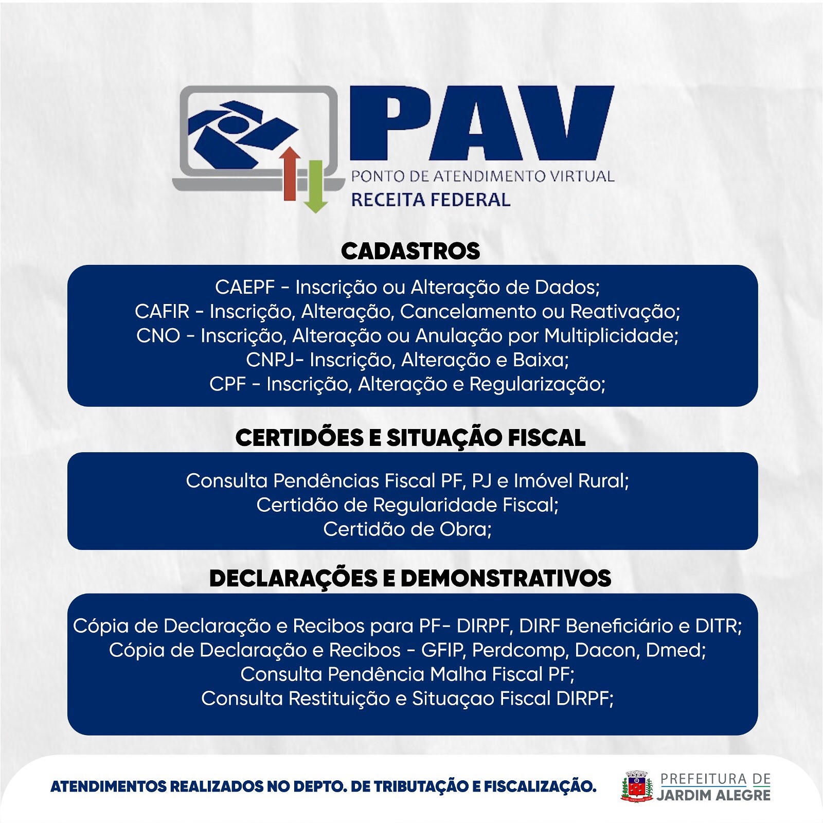 PAV - PONTO DE ATENDIMENTO VIRTUAL DA RECEITA FEDERAL - JARDIM ALEGRE