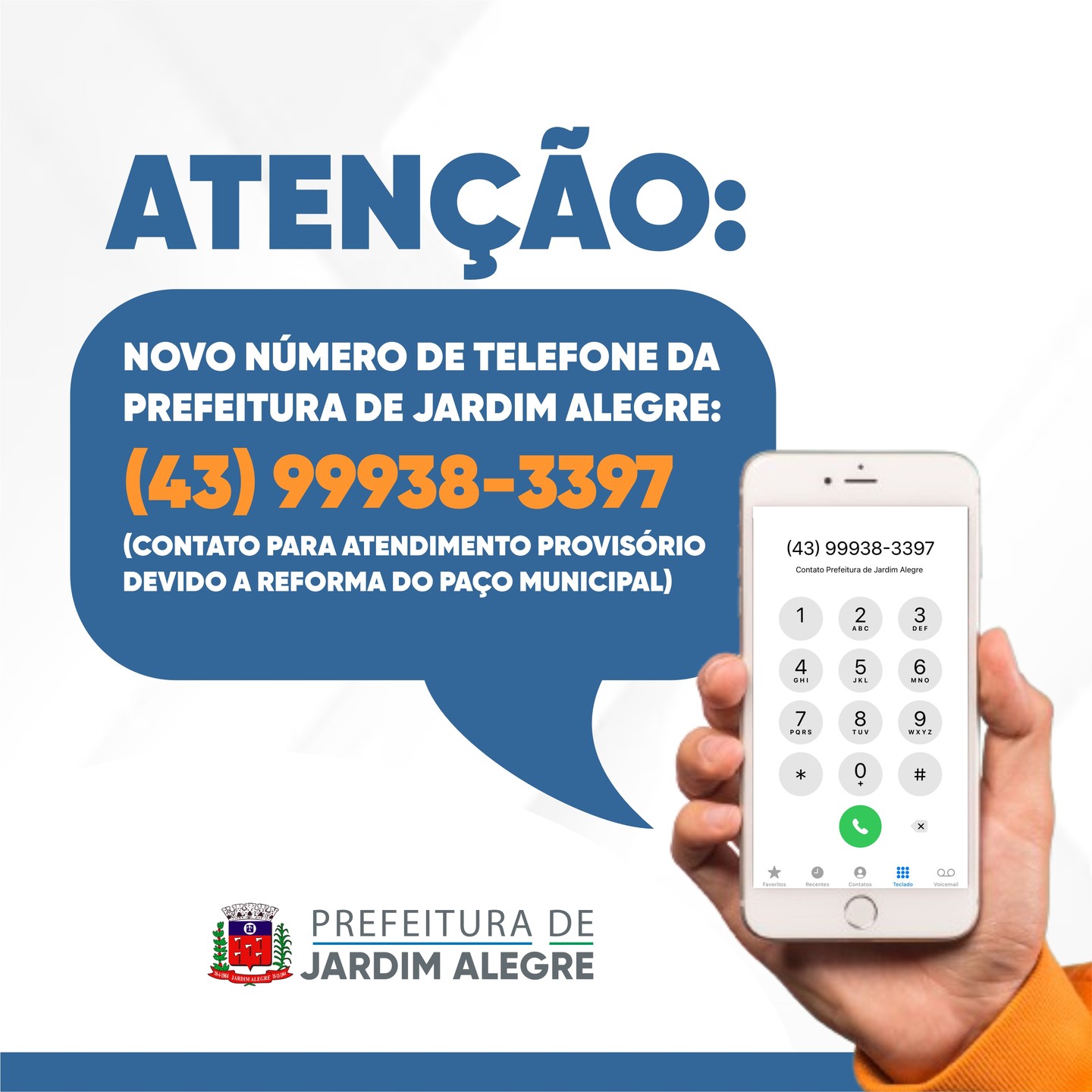 NOVO NÚMERO DE TELEFONE DA PREFEITURA DE JARDIM ALEGRE