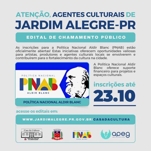ATENÇÃO, AGENTES CULTURAIS DE JARDIM ALEGRE!