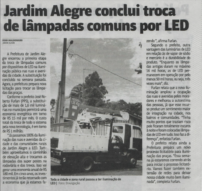 Jardim Alegre conclui trocas de lampadas comum por LED