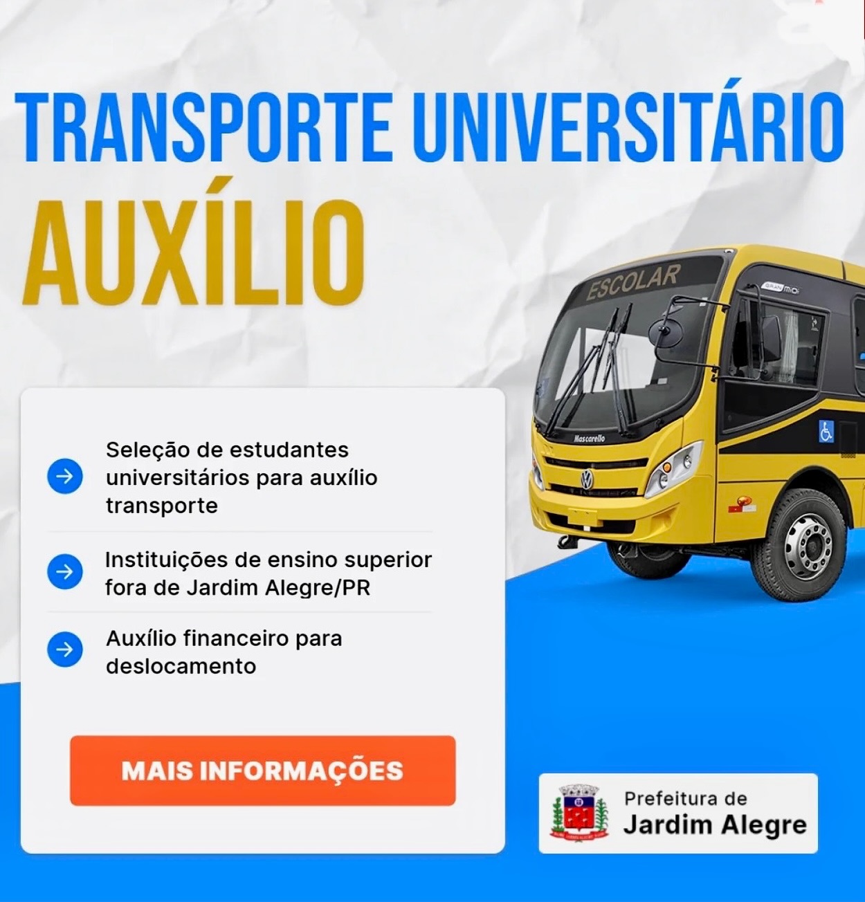 PUBLICADO EDITAL DO AUXÍLIO TRANSPORTE PARA ALUNOS DE ENSINO SUPERIOR