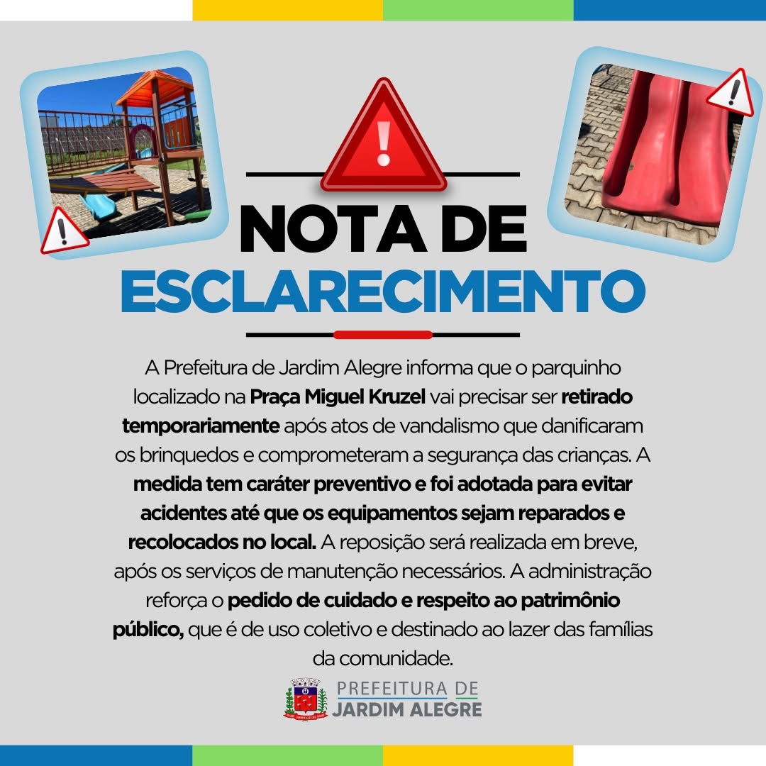 Nota - Parquinho da Praça Miguel Kruzel será removido temporariamente após vandalismo