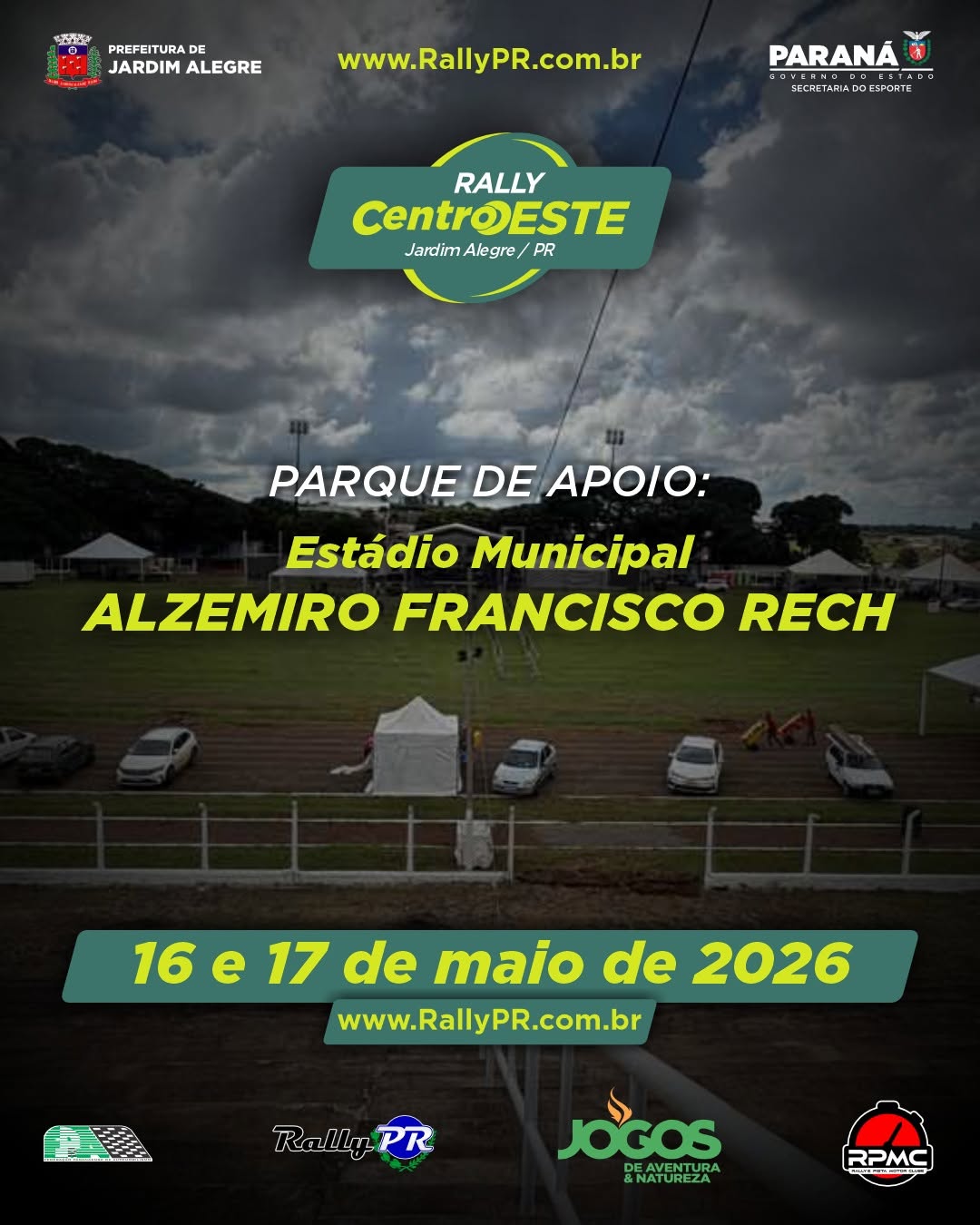 O Parque de Apoio do Rally Centro Oeste 2026 será no Estádio Municipal Alzemiro Francisco Rech.