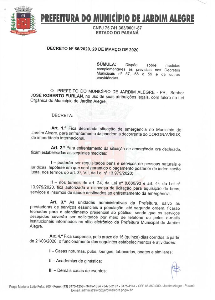 DECRETO Nº 66/2020, 20 DE MARÇO DE 2020 CORONA VÍRUS (COVID-19)