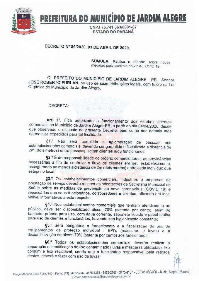 Atenção, novo decreto 89/2020 “Abertura do Comércio”
