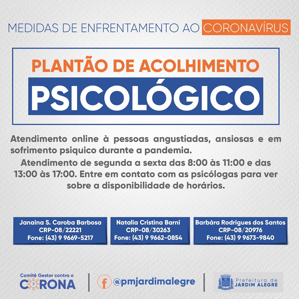 PLANTÃO DE ACOLHIMENTO PSICOLÓGICO | Prefeitura de Jardim Alegre - Secretaria de Saúde