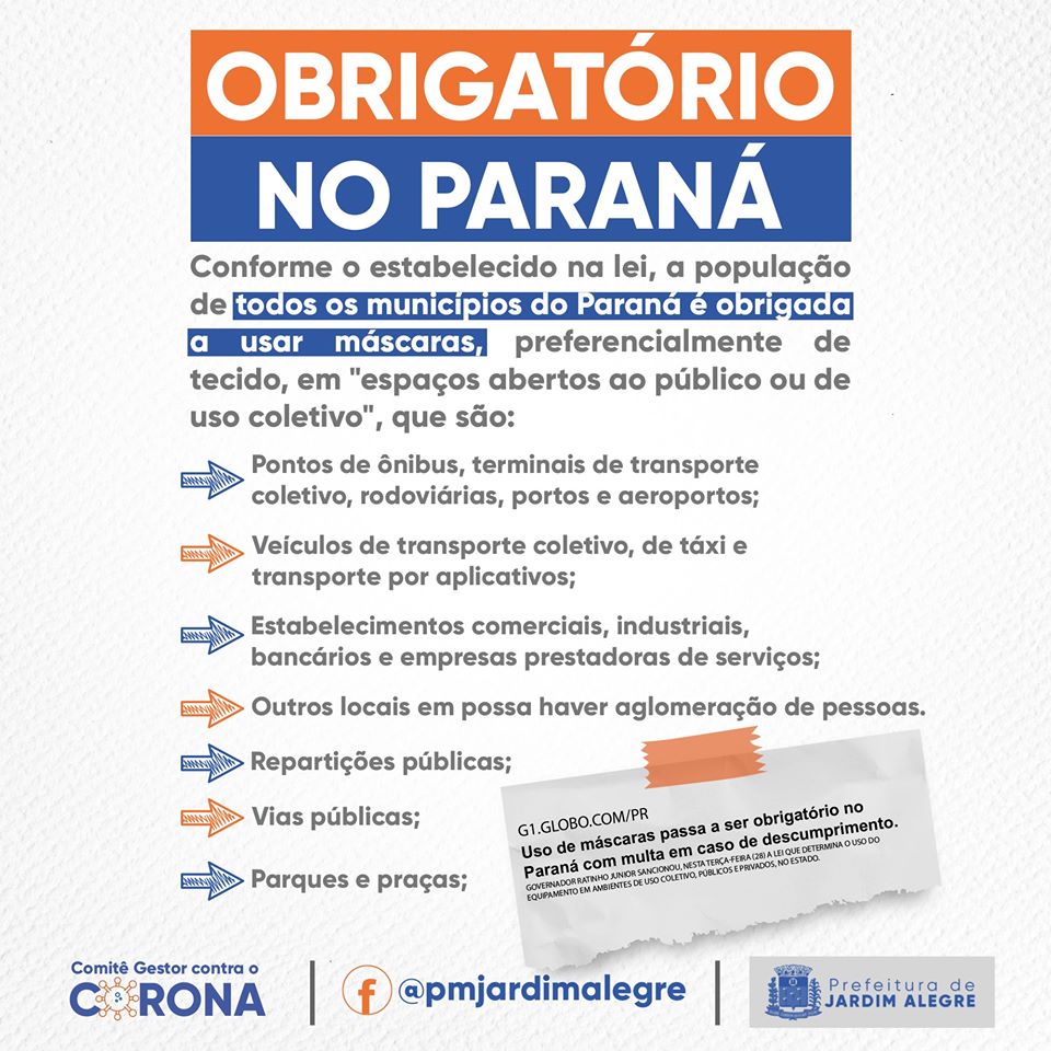 AGORA É LEI, USO OBRIGATÓRIO DE MÁSCARAS!