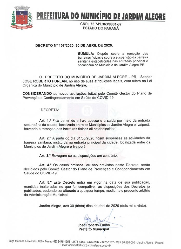 DECRETO Nº 107/2020, 30 DE ABRIL DE 2020