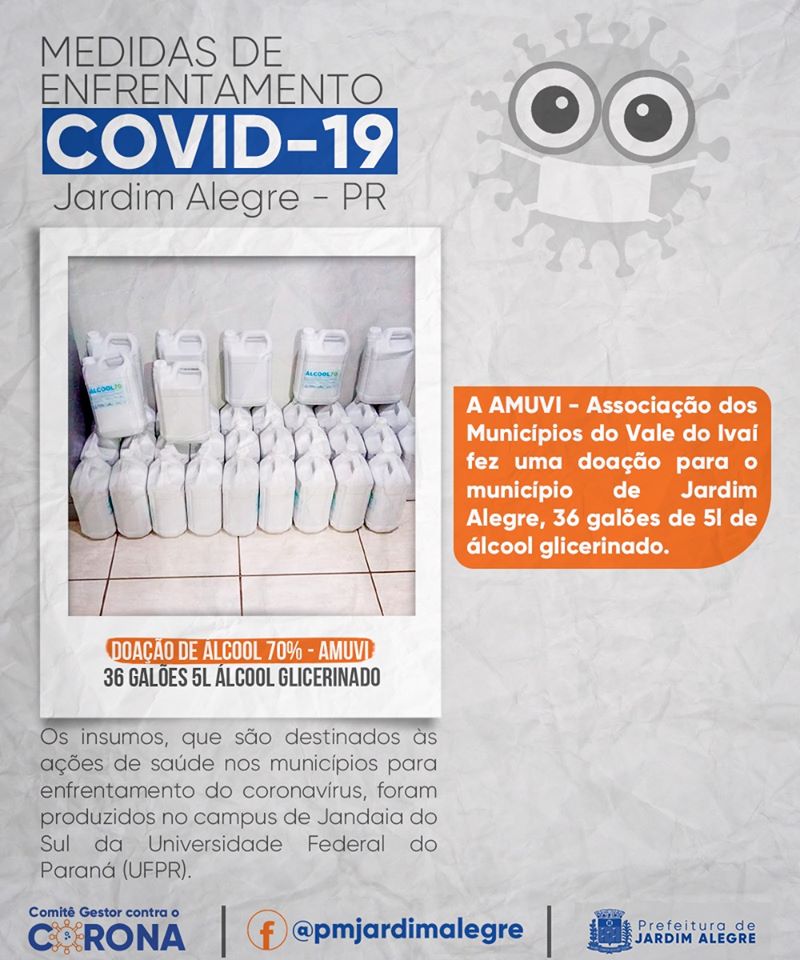 AMUVI faz doação de 36 galões de 5 litros de álcool glicerinado para o município de Jardim Aleg