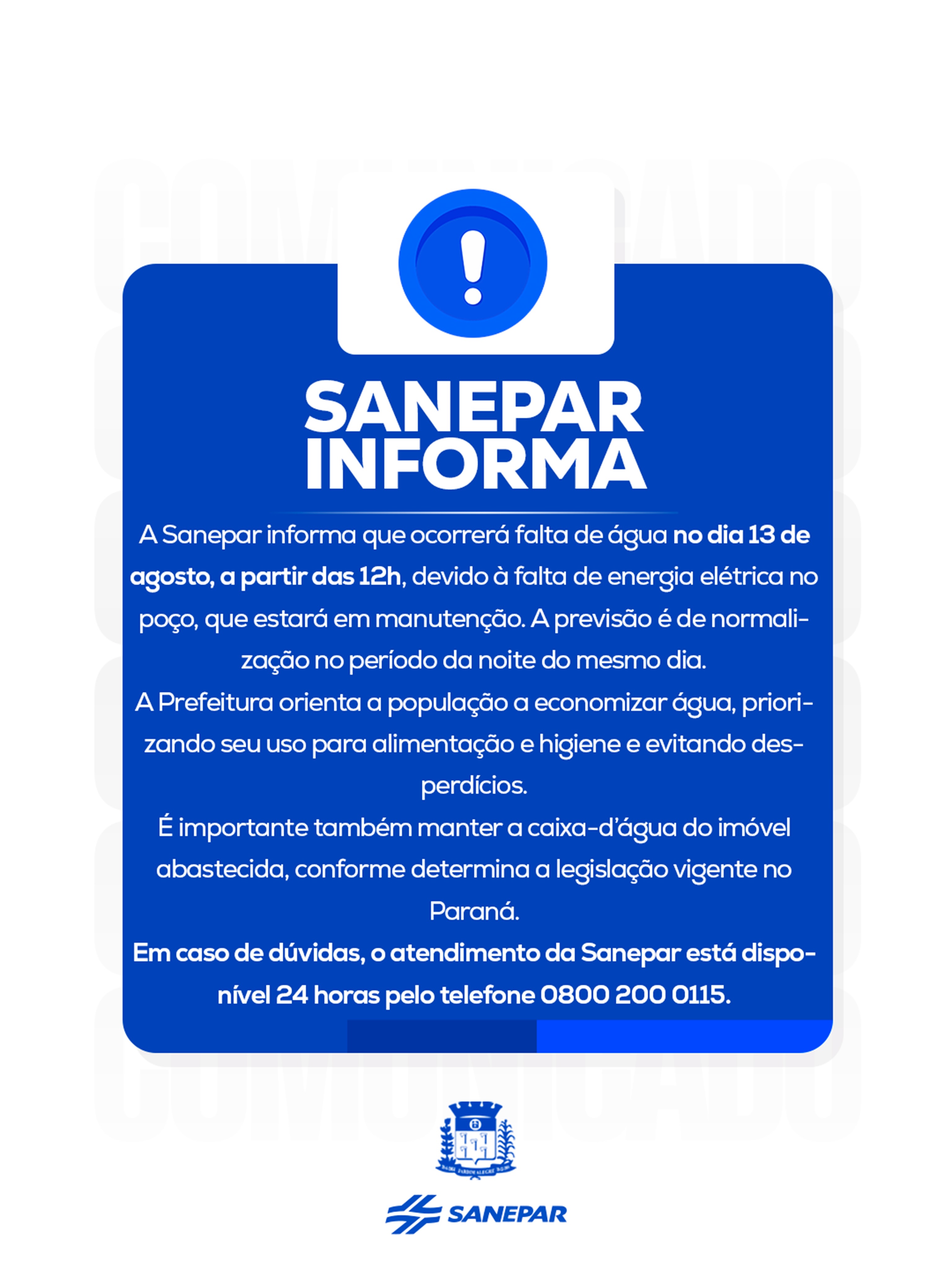 Sanepar informa falta de água no dia 13 de agosto
