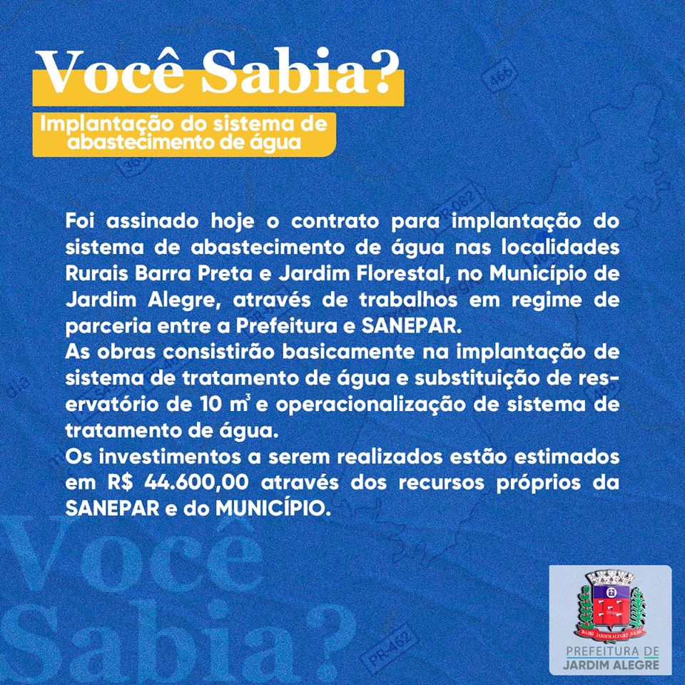 Foi assinado hoje o contrato para Implantação do sistema de abastecimento de água nas localidades