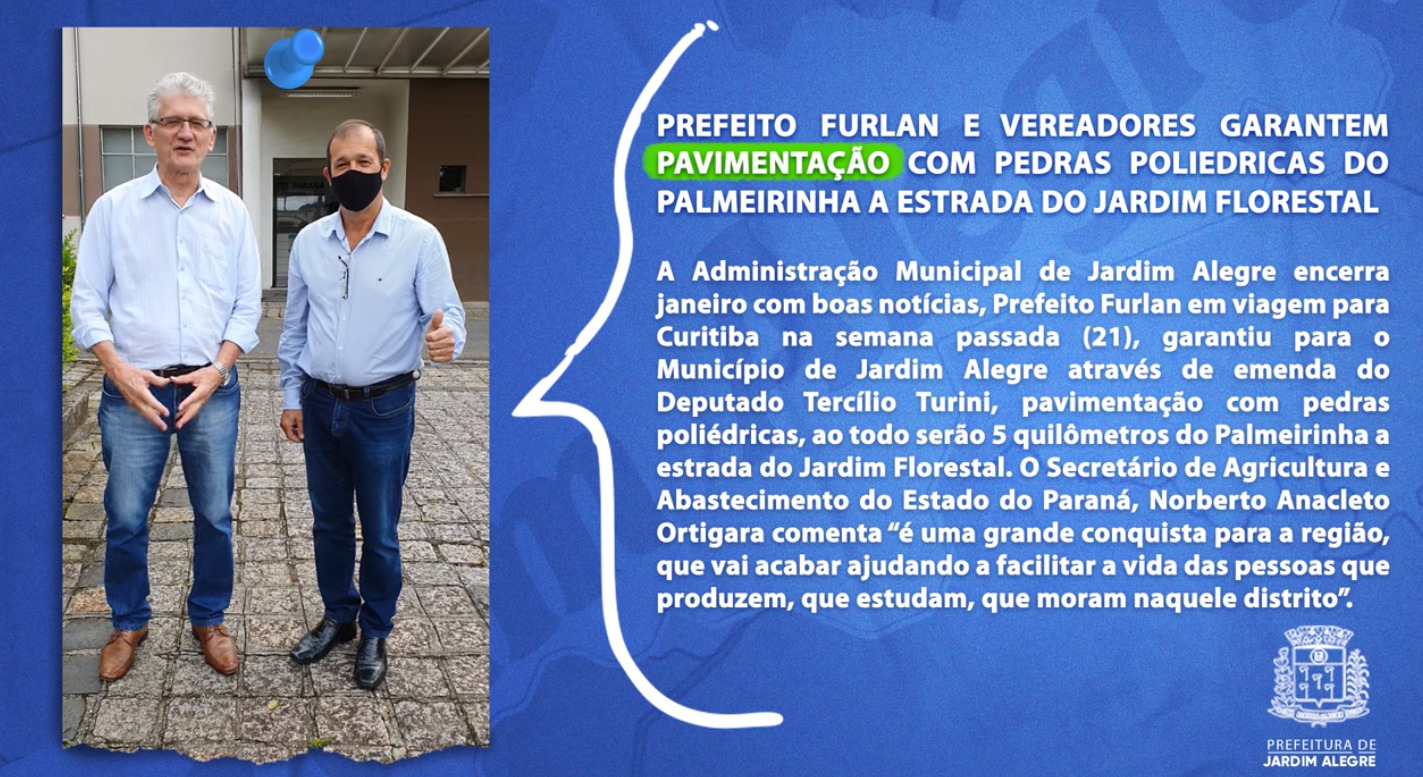 PREFEITO FURLAN E VEREADORES GARANTEM PAVIMENTAÇÃO COM PEDRAS POLIEDRICAS DO PALMEIRINHA A ESTRADA